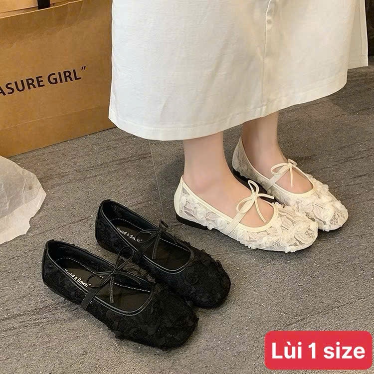 [Lùi 1 size] Giày bệt nữ phối ren hoa hồng quai nơ siêu xinh Mã V037