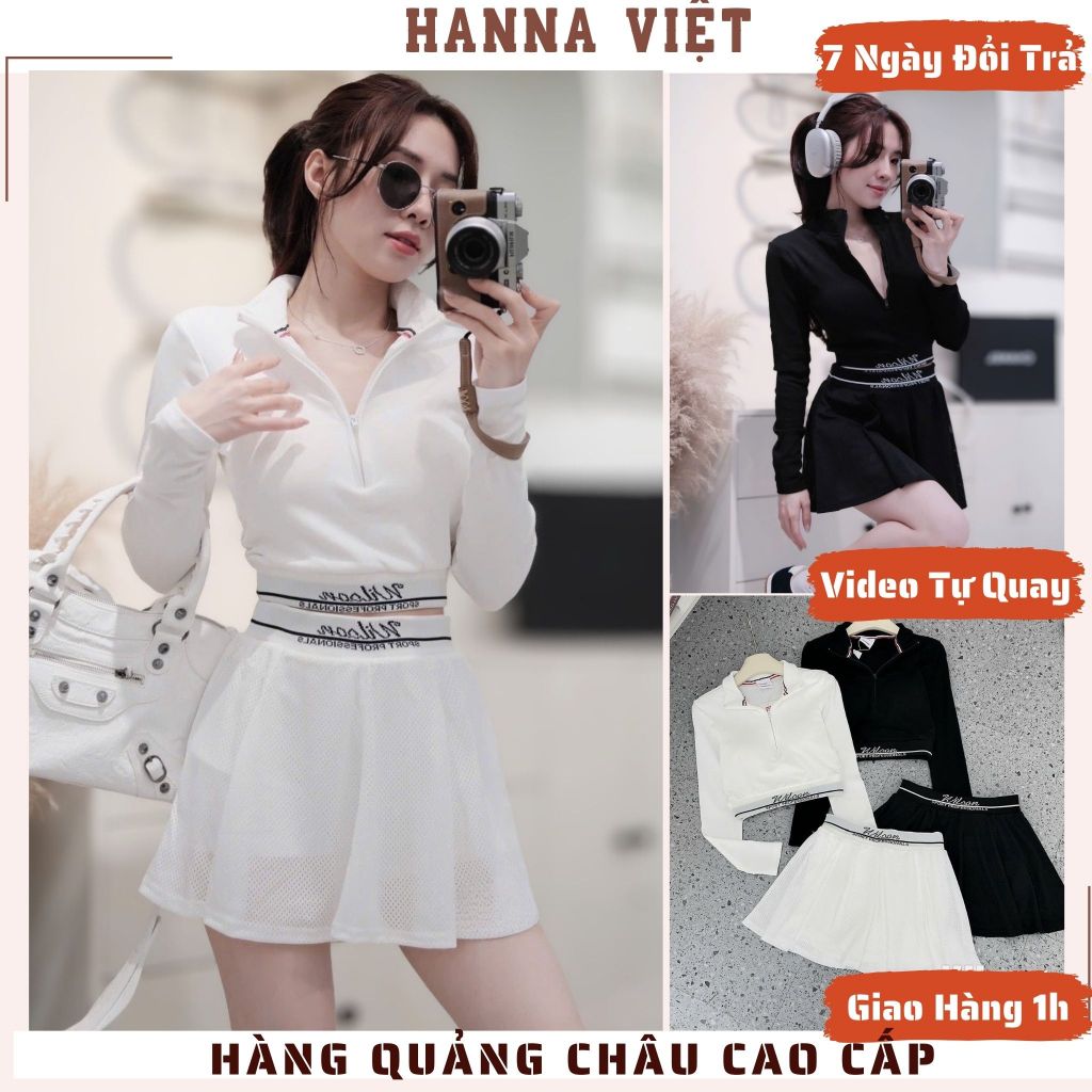 Set Đồ Nữ, Đồ Thể Thao Nữ, Đồ Pickleball Nữ, Set Áo Dài Tay Cổ Khóa Mix Chân Váy Bo Wilson H11 Ms505