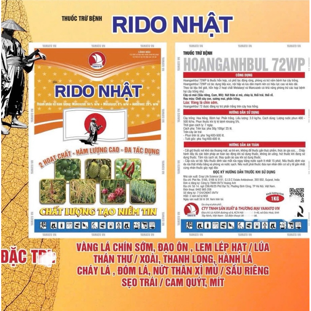 Hoanganhbul 72WP Rido Nhật 1KG bột xanh Mancozeb + Metalaxyl: Lưu dẫn 2 chiều bảo vệ cây trồng