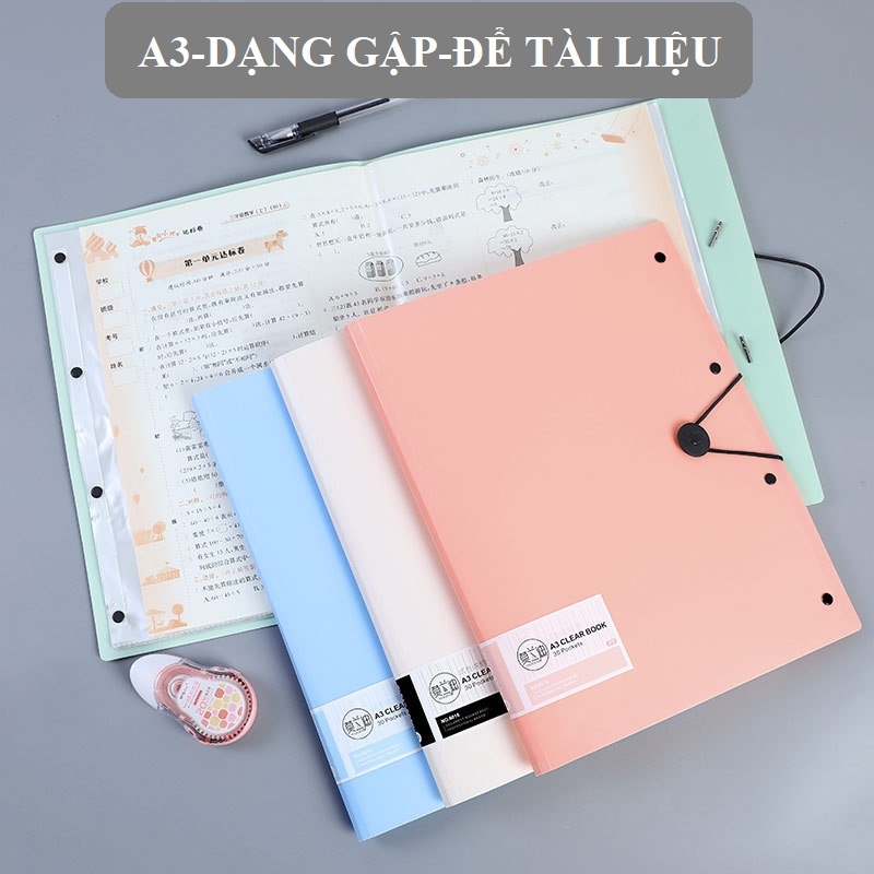 Bìa nhựa , File lá Clear Book A3 4 màu Molandi 30 lá dạng gập - phù hợp để tài liệu, bài thi