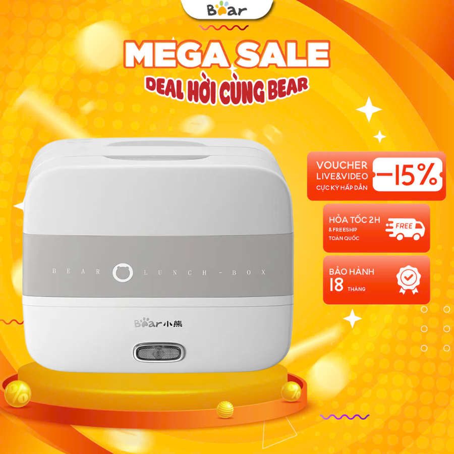  Hộp cơm cắm điện 1.5L Bear DFH-B17K2,270W Nấu,hâm nóng cơm trưa Khay đựng inox kèm nắp,BH 18 Tháng 