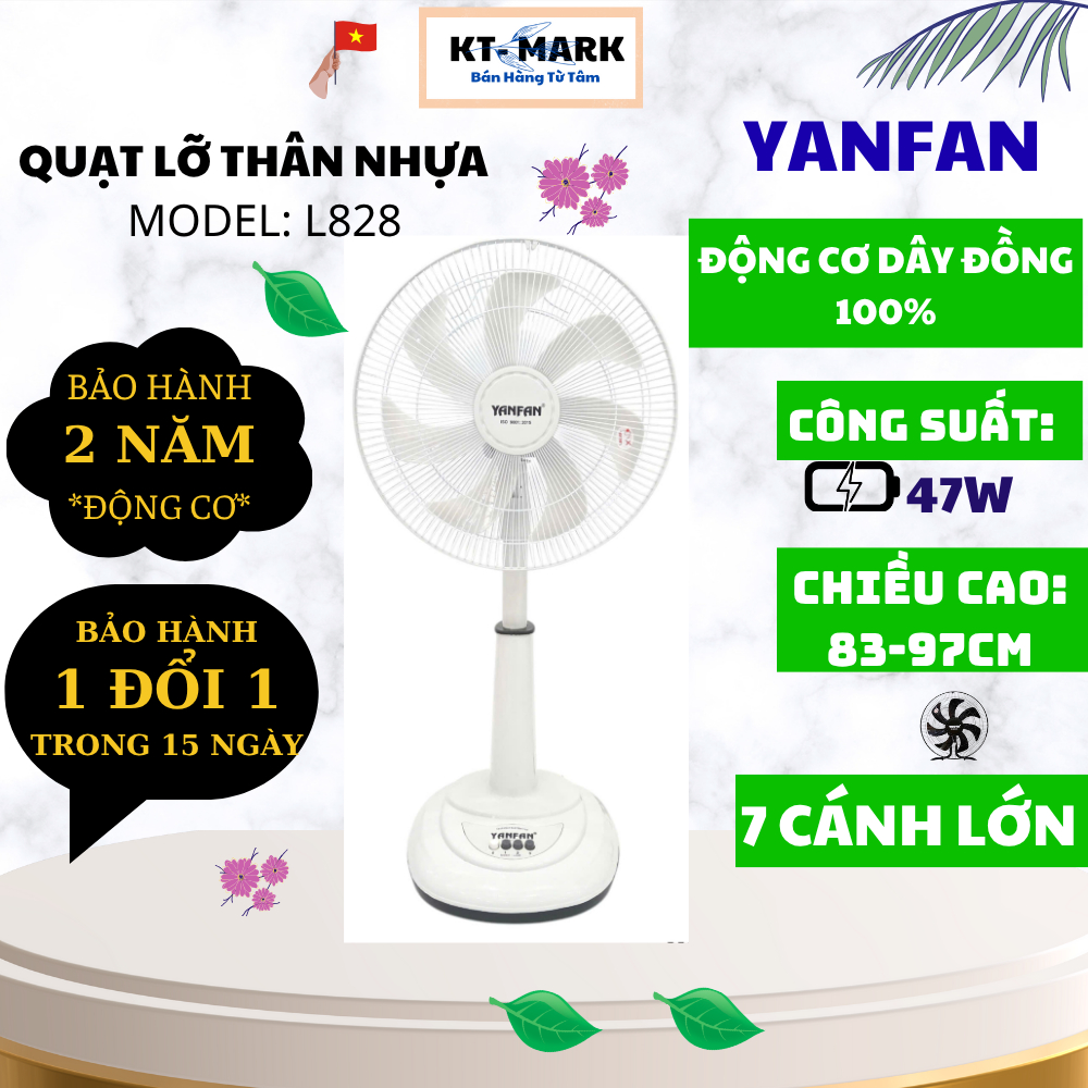 Quạt Lửng L828 YANFAN Ống Nhựa, 7 Cánh Màu, Điều Chỉnh Cao Thấp 83cm – 97cm, Động Cơ Dây Đồng 100%