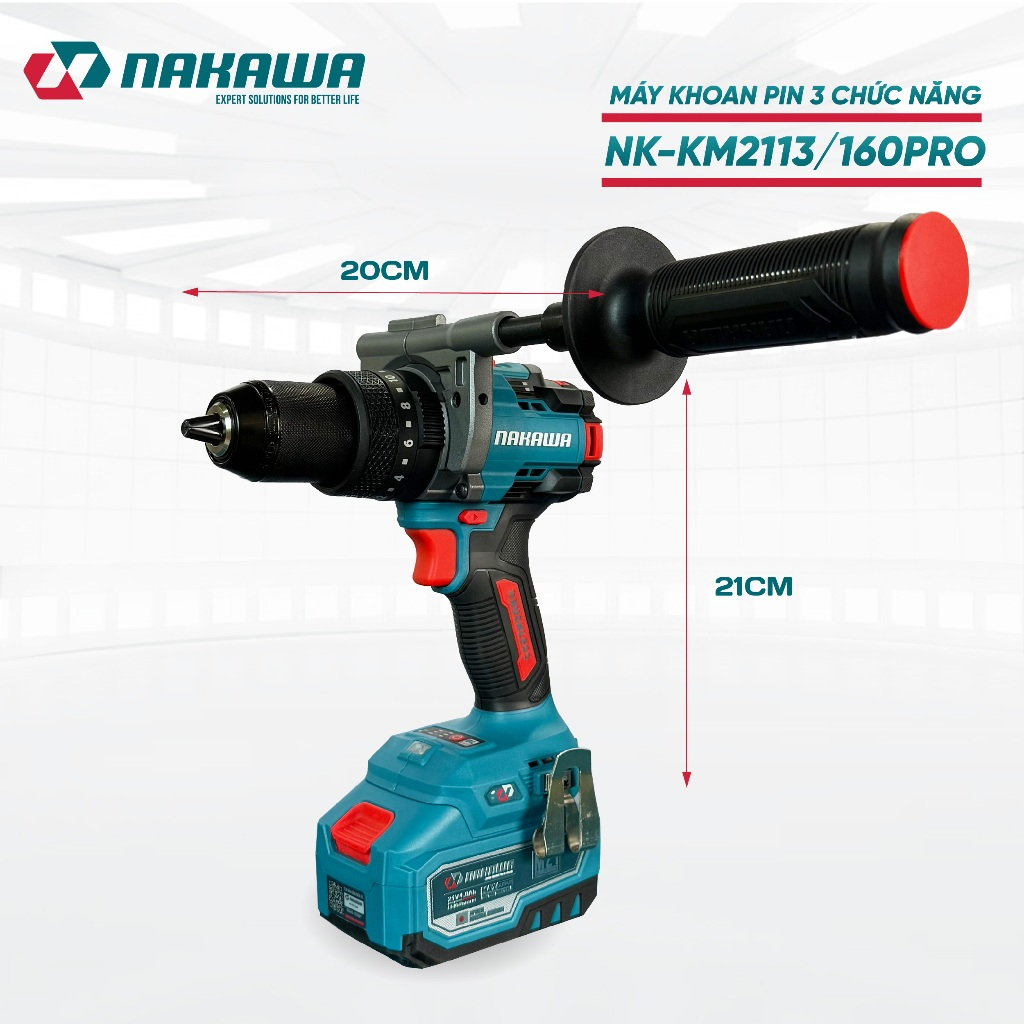 Máy khoan 13mm NAKAWA NK-KM2113/160PRO lực siết 160Nm, Không Chổi Than, Chống lật cổ tay-Chính hãng