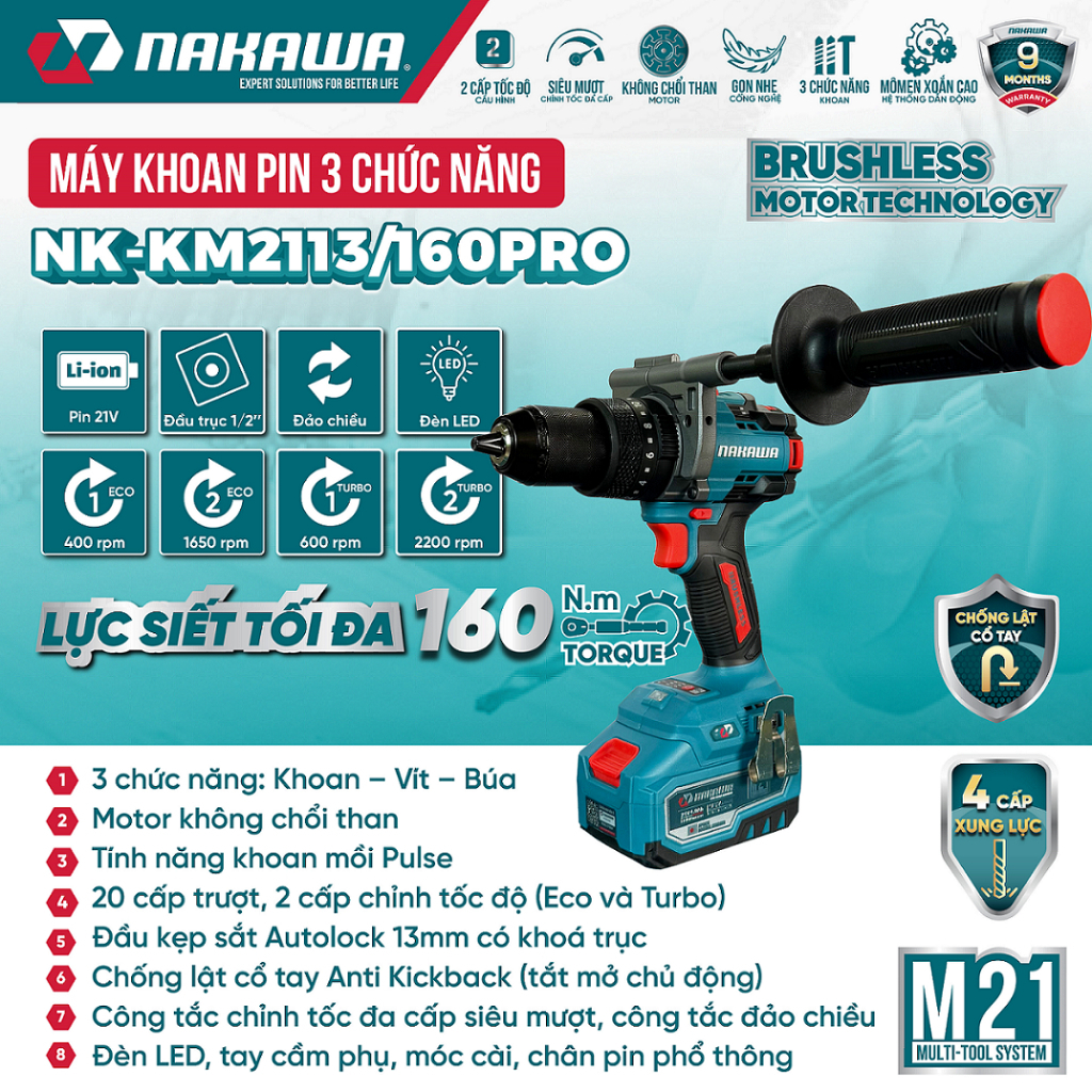Máy khoan 13mm NAKAWA( NK-KM2113/160PRO)Lực siết 160Nm, BRUSHLESS,Chống lật cổ tay-Chuyên rút lõi.
