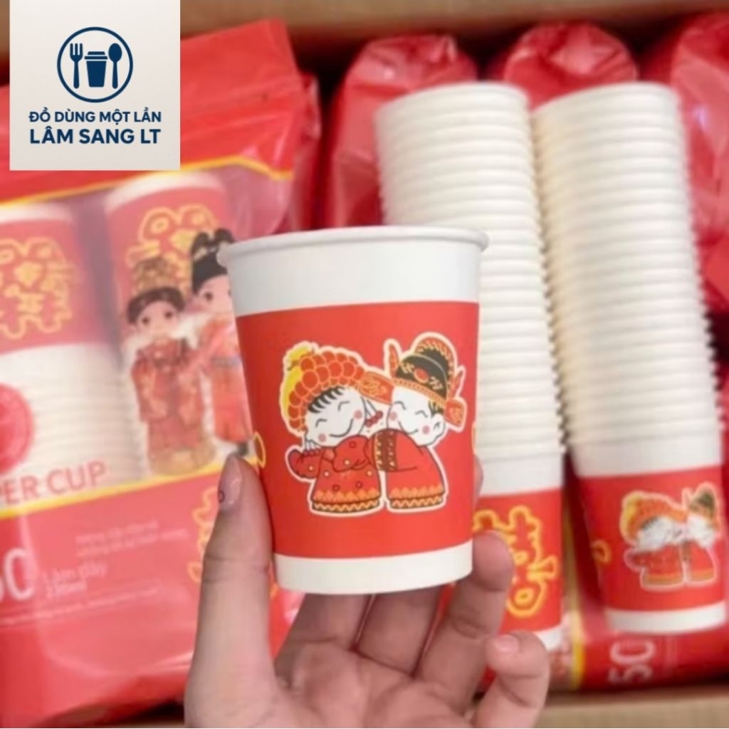 Cốc Giấy Đám Cưới Dùng 1 Lần Made in Việt Nam - Sét 50 Cốc 230ml. Tiện Lợi. Không Thấm Nước.Hàng Việ