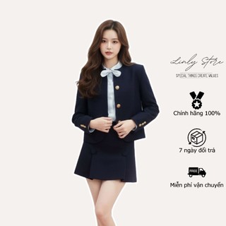  Áo khoác thiết kế dáng lửng phối cúc xanh than áo blazer nữ cổ tròn tiểu thư Linly Store A-VEST39 