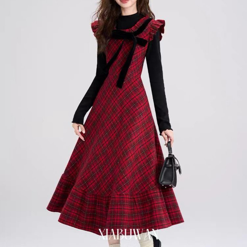 [ORDER] Set Áo Liền Yếm Dạ Caro Đỏ Phong Cách Cổ Điển Mùa Thu Đông Nữ