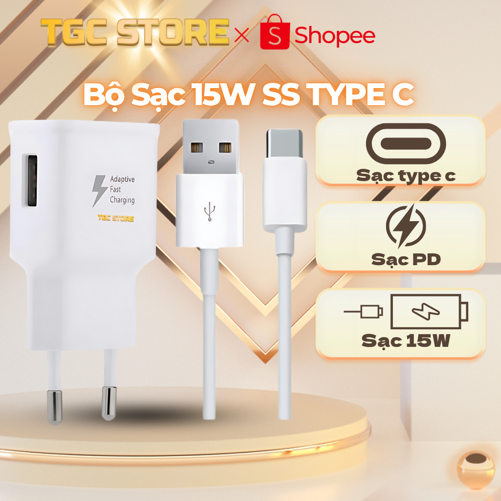 Combo Bộ sạc Type C USB 15W, Dây Sạc Type C Sạc Nhanh Và Củ Sạc Ss Type C, Đầu Chuyển USB Type C-Car