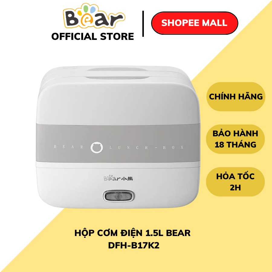 Hộp cơm điện mini cầm tay Bear DFH-B17K2, 270W, 1.5L, hâm/nấu văn phòng, khay inox304, BH 18 tháng