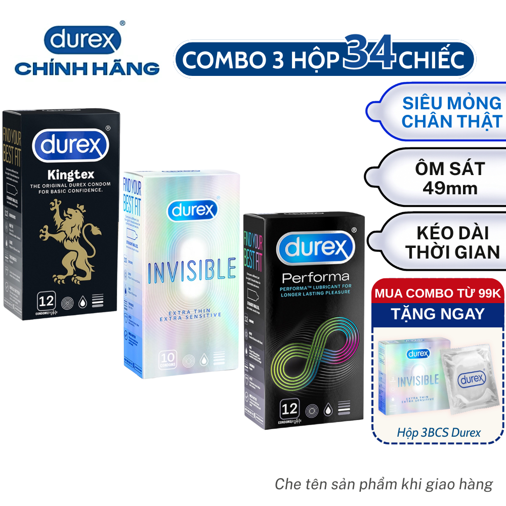 Combo 3 Hộp 34 Bao Cao Su Durex Bán Chạy Nhất Siêu Mỏng Ôm Sát Kéo Dài Thời Gian Nhiều Gel Chính Hãng