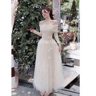  Váy trễ vai maxi dáng dài xoè tầng tơ phối hoa dây eo tay dài chất đẹp,Váy nữ dáng dài thiết kế_Rosey.closet 