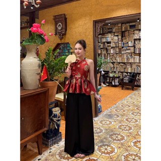  Set áo yếm gấm buộc cổ đính hoa quần lụa lưng chun Ảnh thật sẵn 