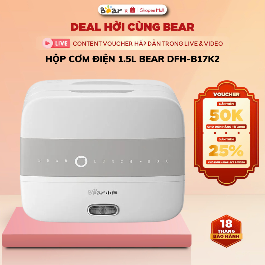Hộp cơm cắm điện 2 tầng Bear DFH-B17K2, 1.5L, Khay Inox, hâm hấp nấu cơm văn phòng, BH 18 tháng