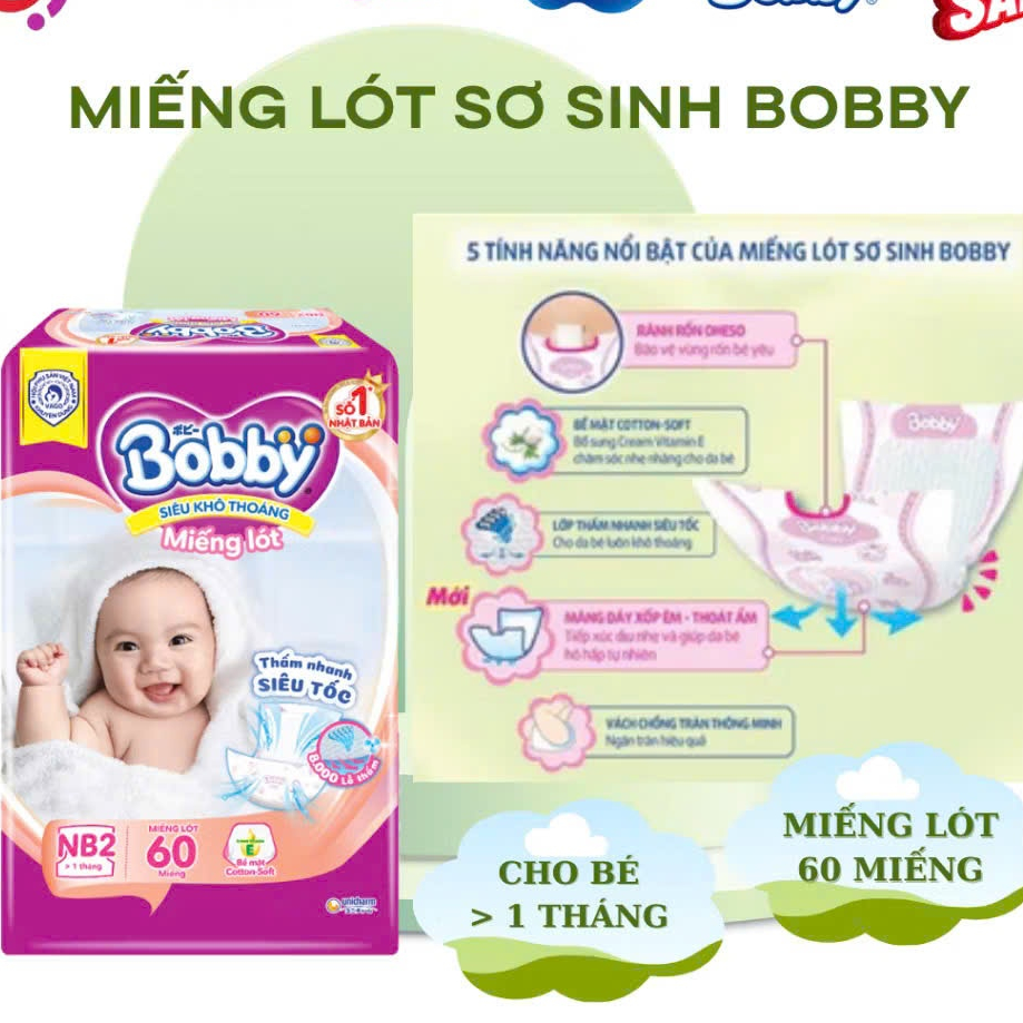 MIẾNG LÓT BOBBY NEWBORN dành cho trẻ sơ sinh đủ size NB1/NB2 loại 64/108/40/60 miếng -tháy băng vệ s