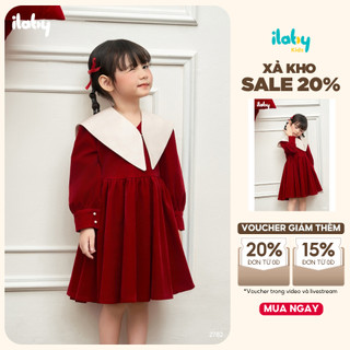  Váy tết cho bé gái dài tay ILABY chất nhung budranh 1 lớp nhúng tùng dài tay cổ v phối rời  2782  