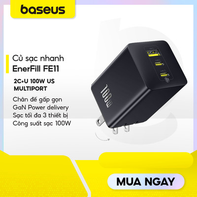 Củ sạc nhanh Baseus EnerFill FE11 2C+1A 100W US Multiport chân gập Tablets Laptops