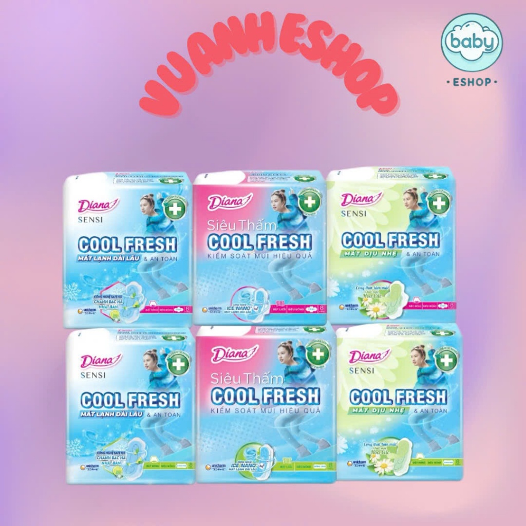 Băng vệ sinh Diana Sensi Cool Fresh/Sensi Cool Fresh mát dịu/Siêu thấm cool siêu mỏng cánh/không cán