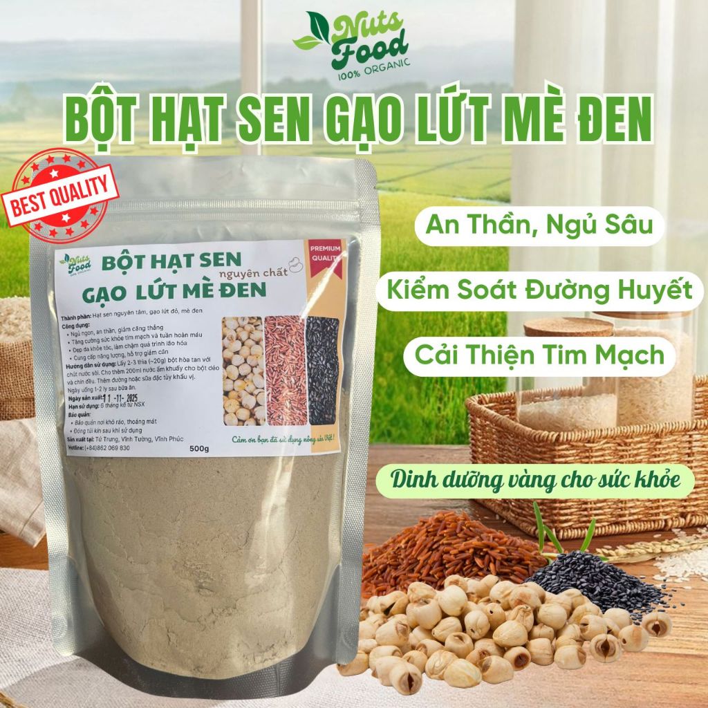 Bột hạt sen gạo lứt mè đen nguyên chất Nuts Food - An thần, đẹp da, giảm cân, tốt cho sức khỏe