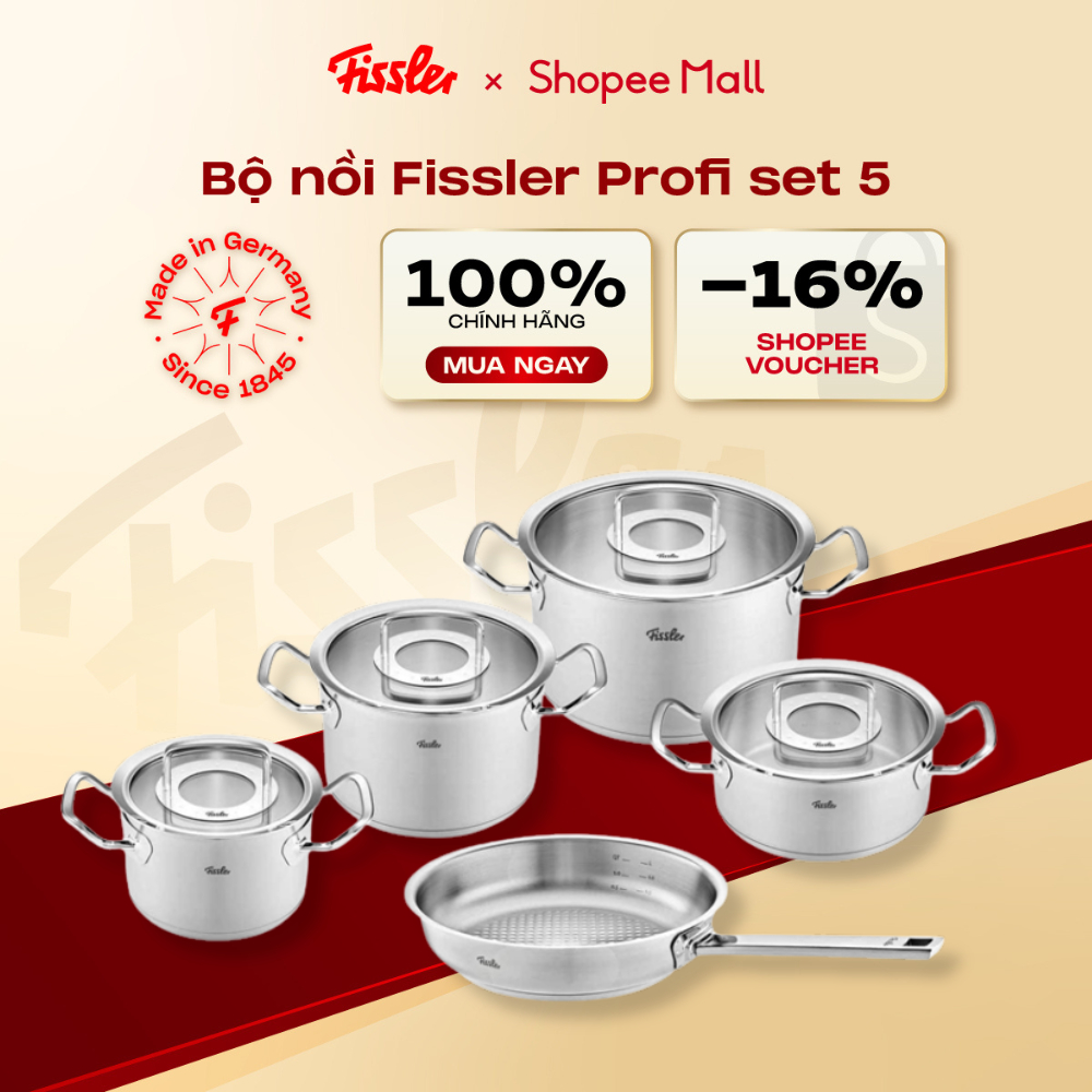 Bộ nồi Fissler Profi chính hãng set 5 món vung kính kèm chảo Fissler Profi tổ ong size 24cm made in 