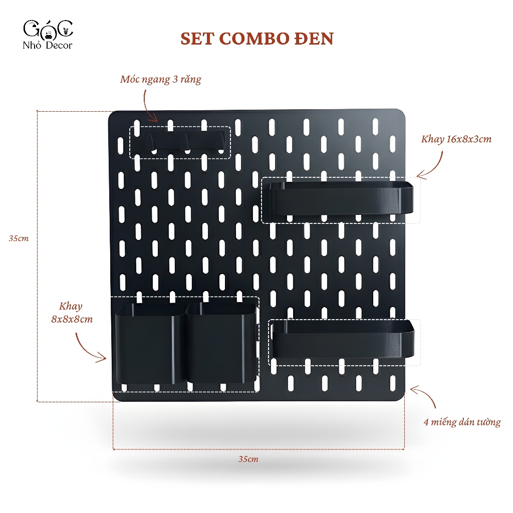 Bảng pegboard gỗ, tấm gỗ pegboard trang trí, bảng pegboard kèm phụ kiện - Combo pegboard đa năng 35x