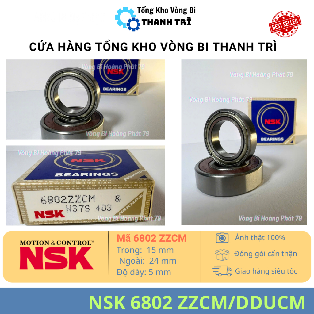 Vòng Bi NSK 6802 ZZCM/DDUCM 15x24x5mm, Bạc Đạn 6802, giảm ma sát, bền bỉ, đa năng – Vòng Bi Hà Nội