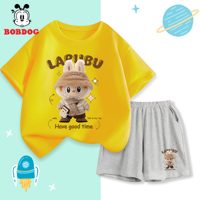 Đồ bộ bé trai BOBDOG, áo cộc quần thun cotton mỏng mát in hình LABUBU cho bé CD-KS43