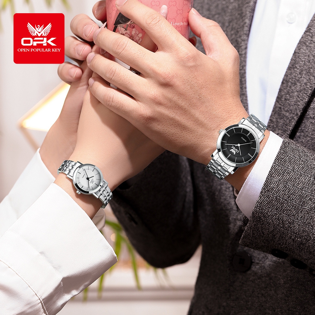 OPK Đồng hồ Cặp Dây đeo đồng hồ bằng thép không gỉ Nam Nữ thạch anh Đơn giản Quà chống nước Quà 6019