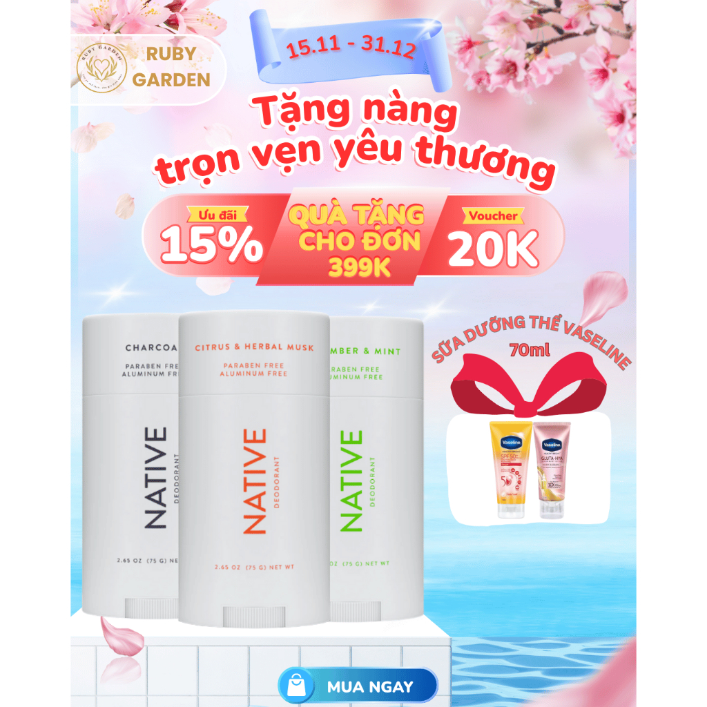 [NK Mỹ] Lăn Khử Mùi Hữu Cơ Không Muối Nhôm Native Deodorant  65g/75g - Ruby Garden