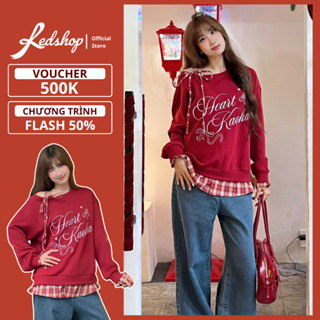  Áo nỉ phối kẻ đỏ REDSHOP áo sweater lệch vai thắt nơ thêu chữ dày dặn phong cách Hàn Quốc 308034 
