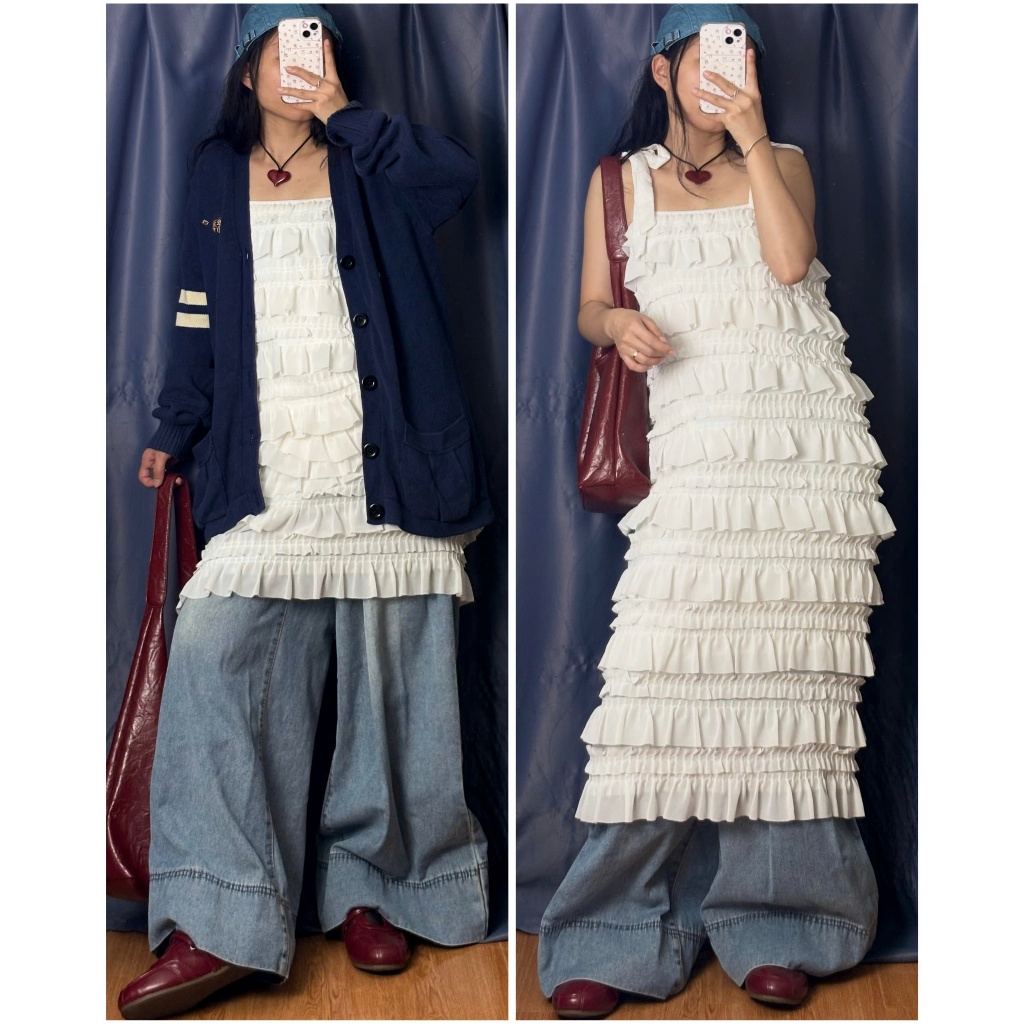 [2hand/thrift/vintage] Set mix 2món 2hand gồm áo cardigan xanh than và đầm voan xếp tầng trắng