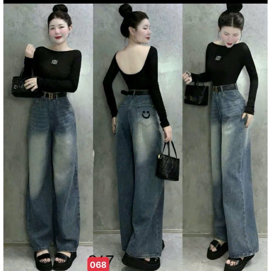 Quần jean suông thêu túi ống rộng - quần baggy nữ chất jean mềm mại không giãn thời trang dễ mix áo 