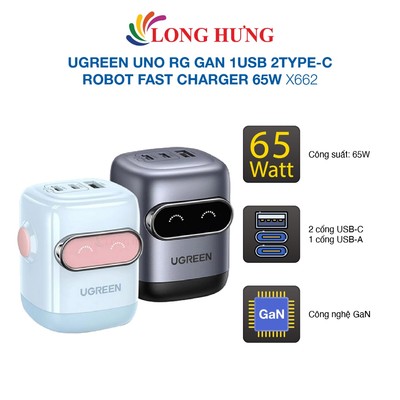 Cốc sạc Ugreen Uno RG GaN 1USB 2Type-C Robot Fast Charger 65W X662 - Hàng chính hãng