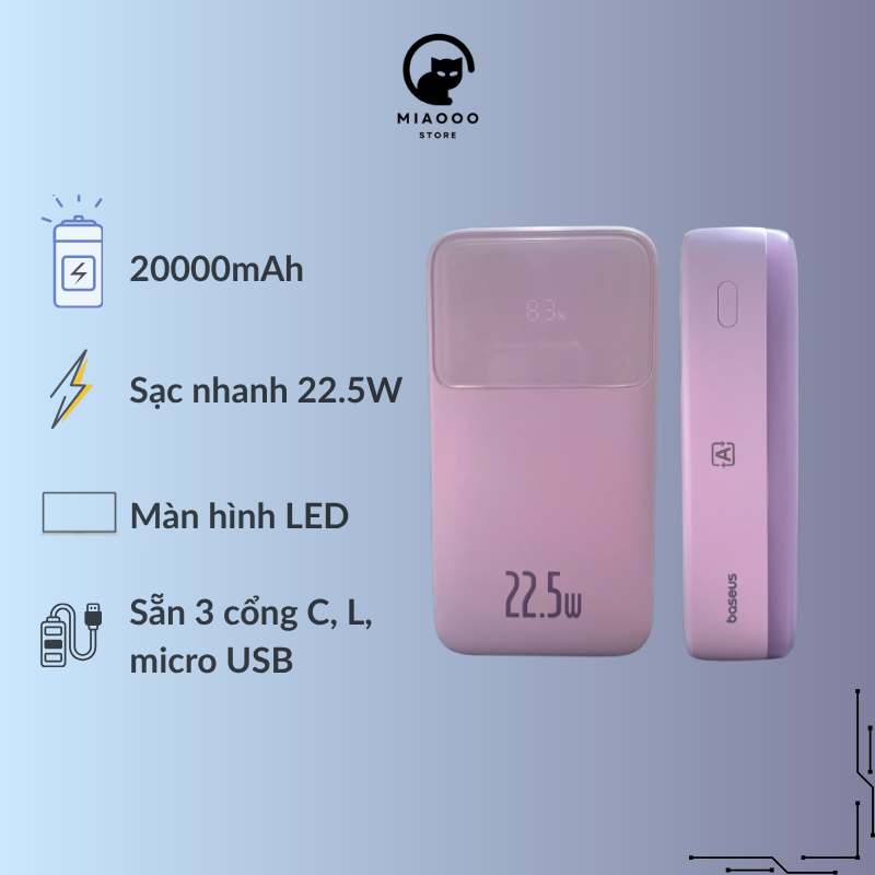 Sạc dự phòng Basues 20000mAh - Sạc nhanh 22.5W mạnh mẽ - Sẵn dây Type-C, L, micro USB, Màn hình LED
