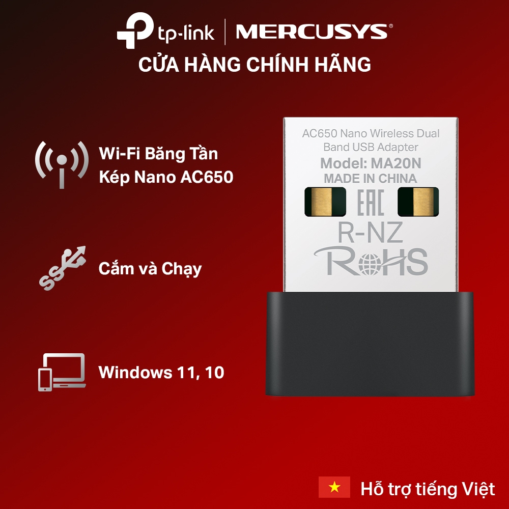 USB Wi-Fi Mercusys MA20N | Chuẩn Nano AC650, Băng Tần Kép