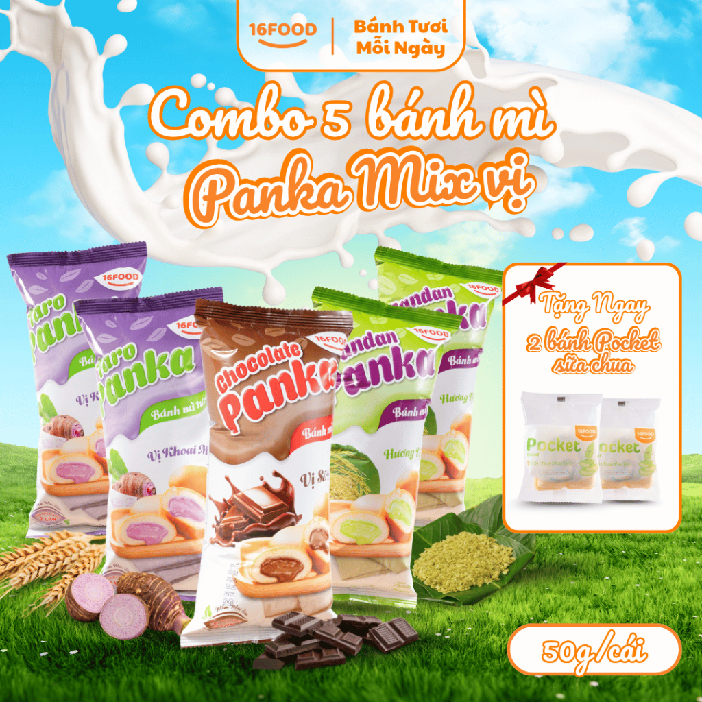[ Combo 5 Panka - Tặng 2 Pocket ] Bánh Mỳ Nhân Khoai Môn, Cốm, Socola, Chà Bông | 16Food