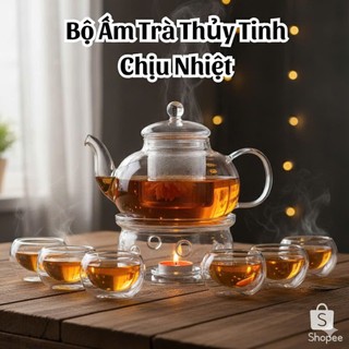  Bộ Ấm Trà Thủy Tinh Trong Suốt Dung Tích 600ML Chịu Nhiệt Kèm Đế Nến và 6 Ly Thủy Tinh 
