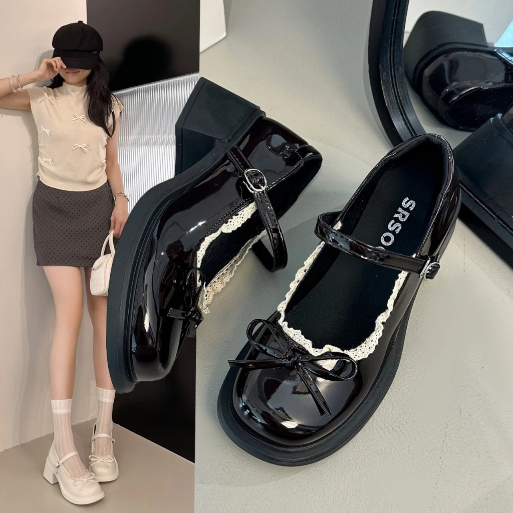 [Peinn] Giày búp bê nữ cao gót tăng chiêu cao mũi tròn đế vuông mix ren siêu đẹp mã qv559