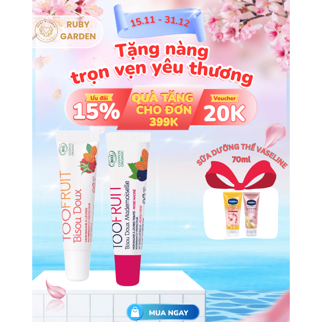 [NK Pháp] Son dưỡng môi hữu cơ cho bé từ 3 tuổi TOOFRUIT "Bisou Doux" lip balm for kids 10 ml - Ruby