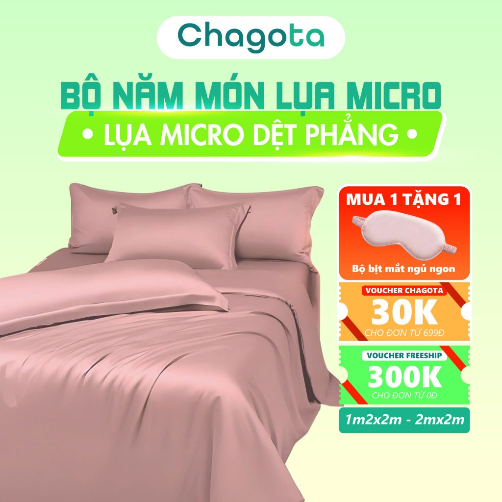 Bộ Chăn Ga Gối 5 Món Micro dệt phẳng Chagota Bedding, Vải Mềm Mịn, Kháng Khuẩn Tự Nhiên