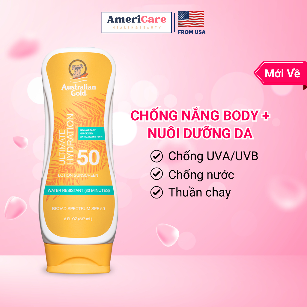 Kem chống nắng Australian Gold SPF 50, Chống nắng cơ thể, Phổ rộng, Thuần chay, Dưỡng ẩm chuyên sâu