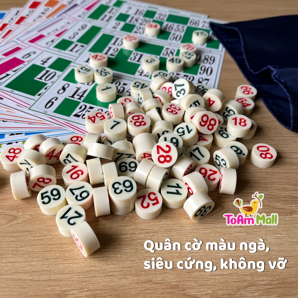 Bộ cờ lô tô trắng ngà siêu cứng, cờ Melamine đặc 90 số 2 mặt kèm 16 giấy dày số to [tặng nút đặt]