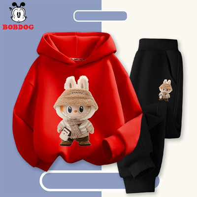 Quần áo bé trai BOBDOG set áo hoodie quần da cá ấm áp in hình Labubu cute cho bé HX-KS38