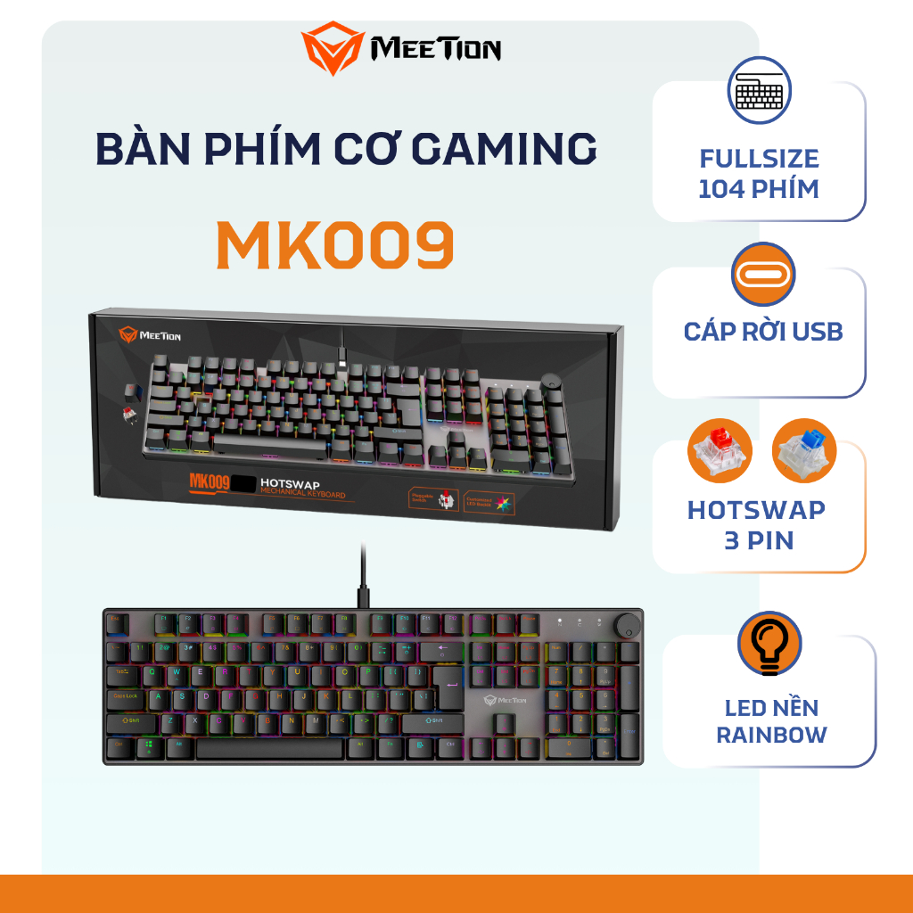 Bàn phím cơ gaming Meetion MK009 Fullsize 104 phím Hot-swappable (Red/Blue Switch), LED Rainbow