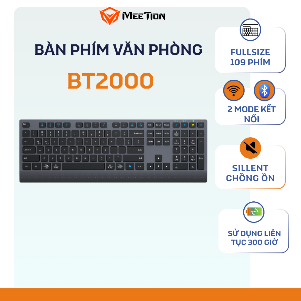 Bàn phím không dây văn phòng Meetion BTK2000 Dual Mode Bluetooth 5.2 & 2.4G, Fullsize 109 phím Silen