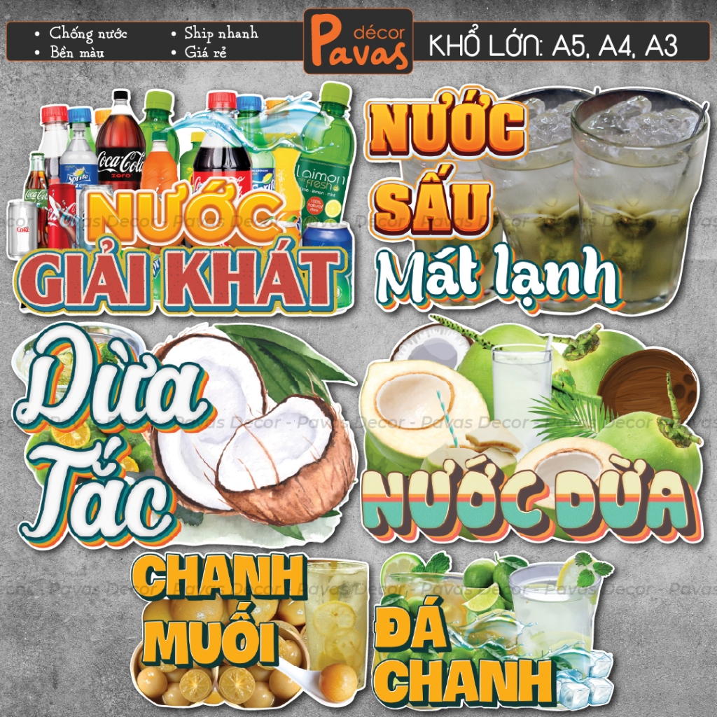 Decal Giải Khát - Nước Ngọt - Nước Dừa - Chanh Muối - Nước Sấu chống nước trang trí dán quán, dán tường, tủ. TTQ