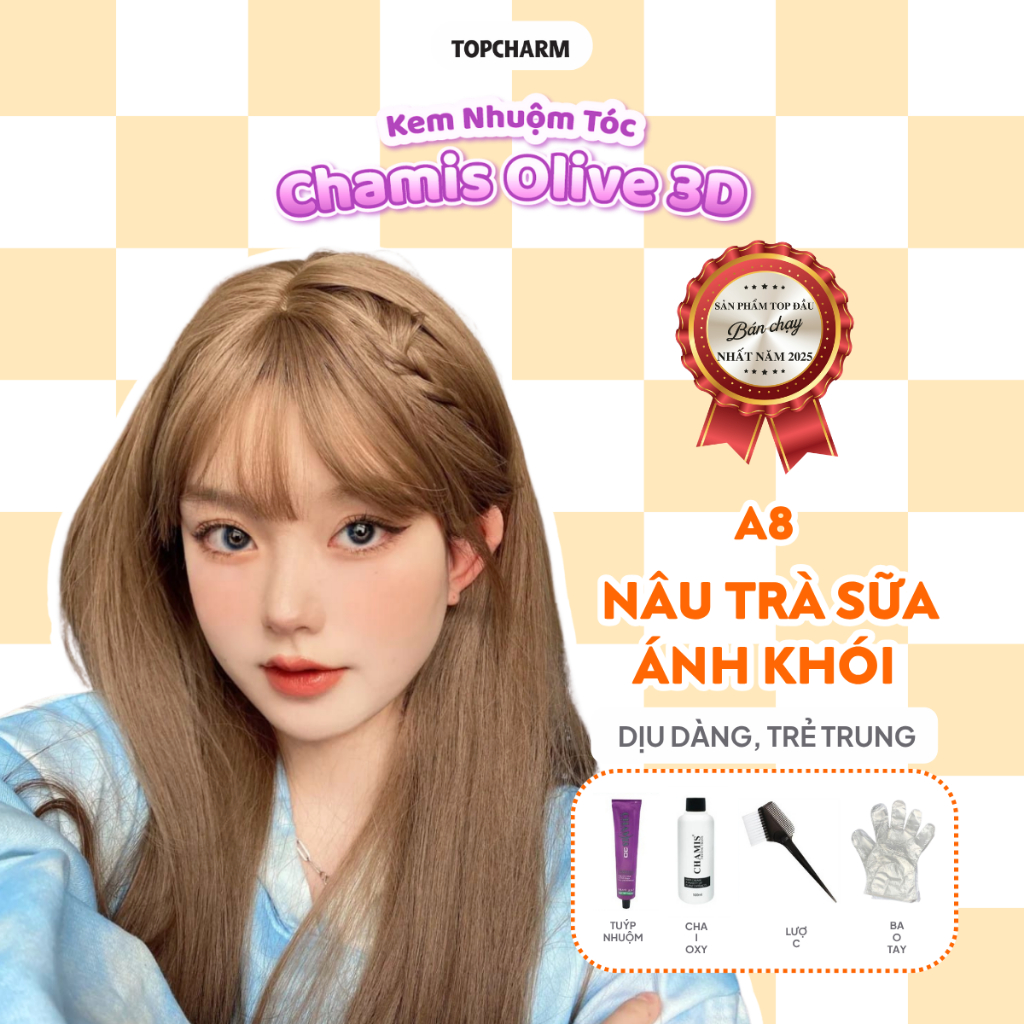 Thuốc nhuộm tóc MÀU XÁM KHÓI không cần tẩy, tặng bộ dụng cụ và gói siêu dưỡng TOPCHARM - CHAMIS OLIV