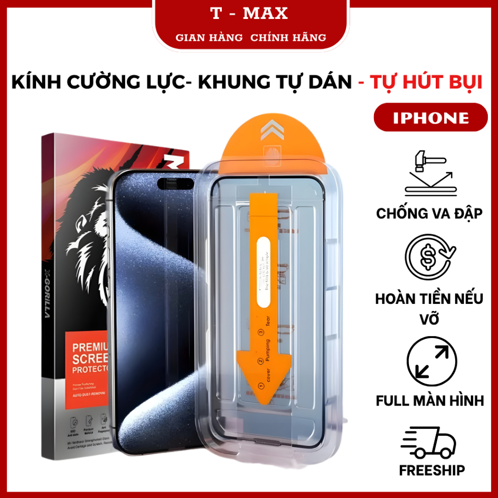 Kính cường lực trong suốt khung trợ dán tự hút bụi full màn hình cho iphone17 Promax 16 15 14 13 12 11 x xs