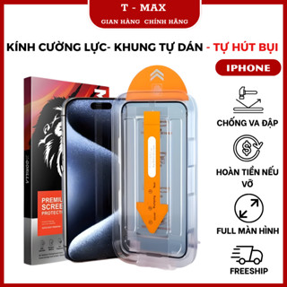 Kính cường lực trong suốt khung trợ dán tự hút bụi full màn hình cho iphone17 Promax 16 15 14 13 12 11 x xs