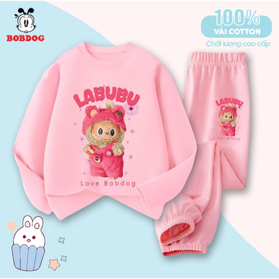 Set đồ bé gái BOBDOG, quần áo trẻ em chất thun cotton mềm mịn in hình Labubu gấu dâu TW-KS55