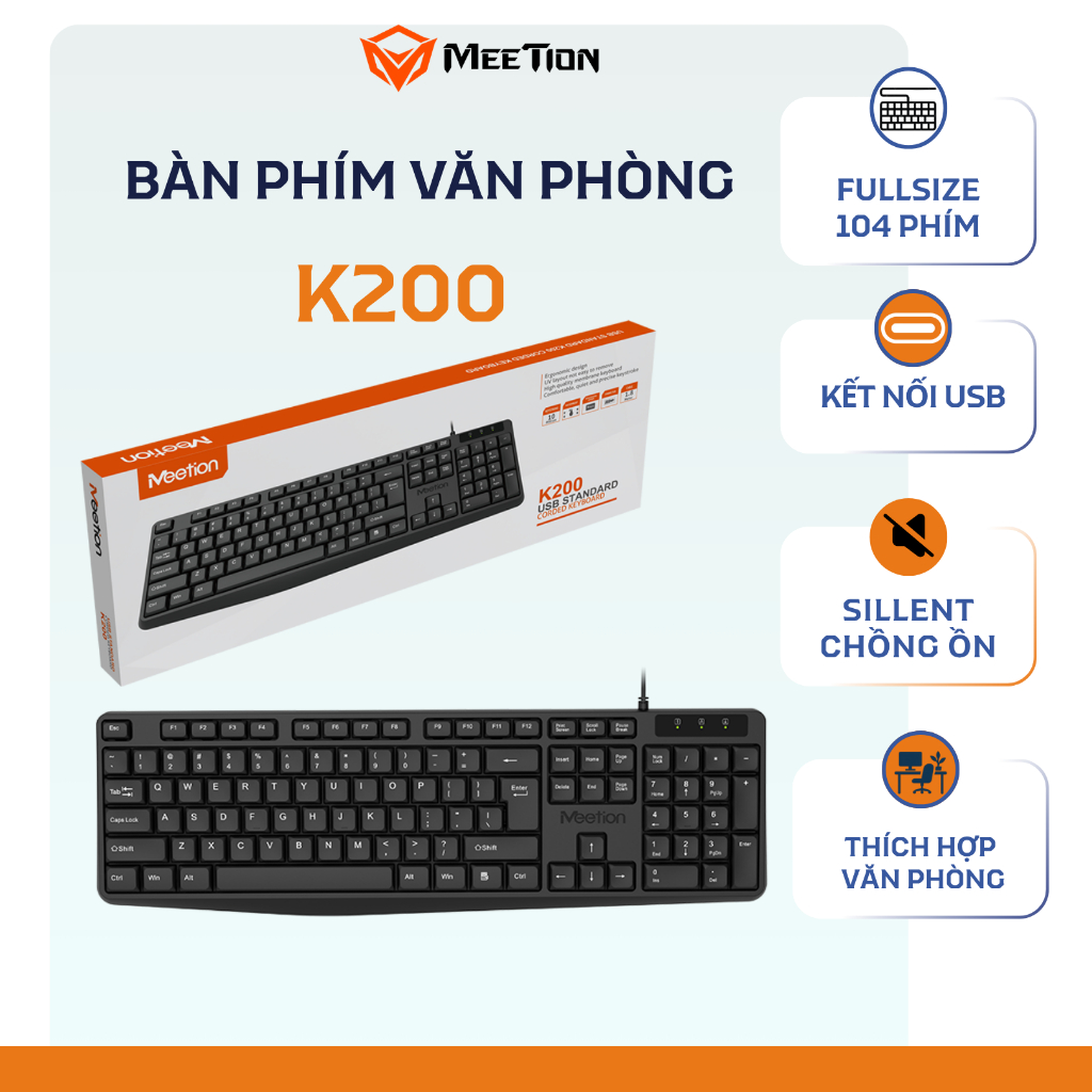 Bàn phím văn phòng K200 MeeTion 104 phím thiết kế Ergonomic keycap gia công UV độ bền cao